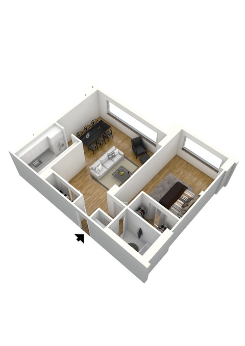 Floor plan for 1 bed, 1 bath, 721 sqft